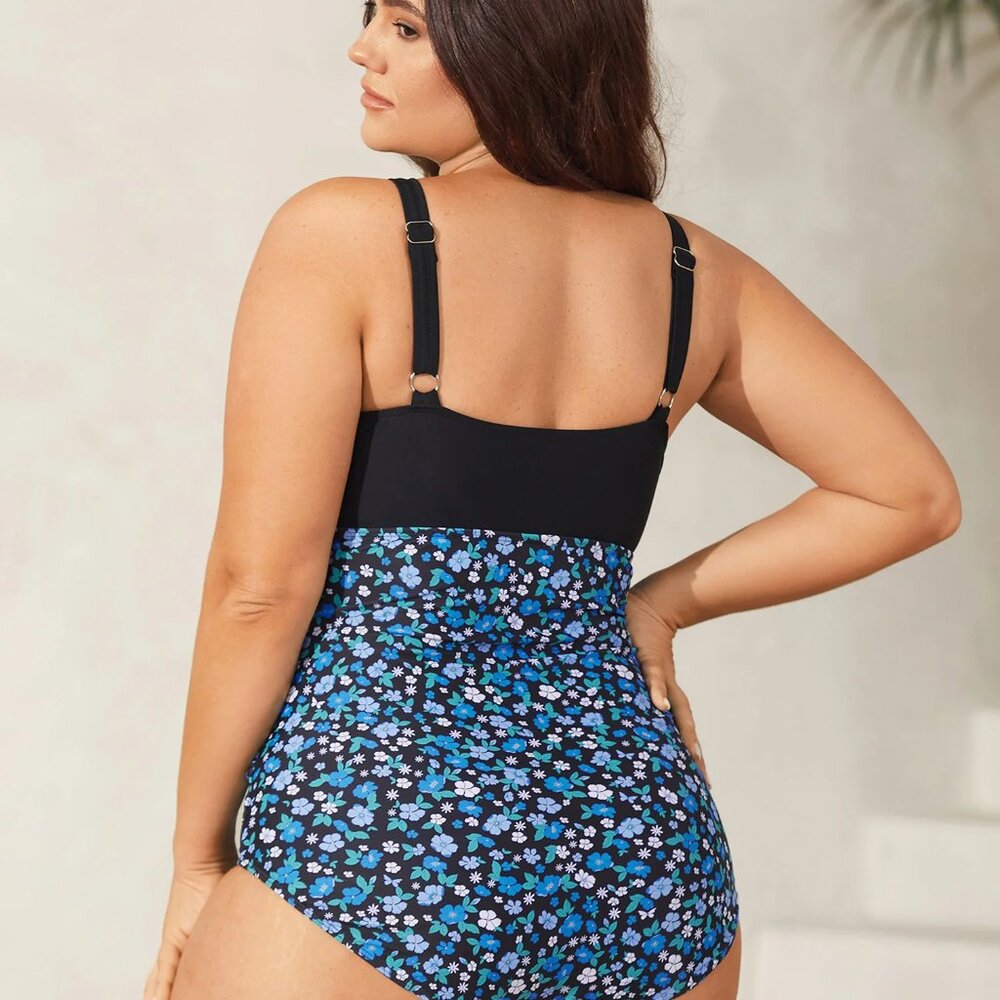 BloomChic 3X (22–24) Black Blue Floral Twist Tummy Cntrl One-Piece Swimsuit NWT - Picture 4 of 10